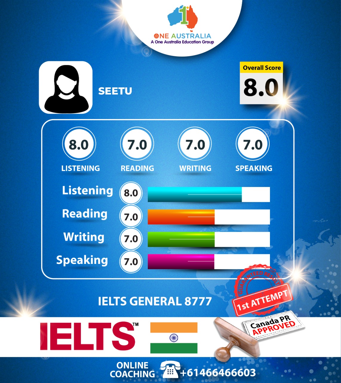Student IELTS 7.0 scorecard One Australia Group